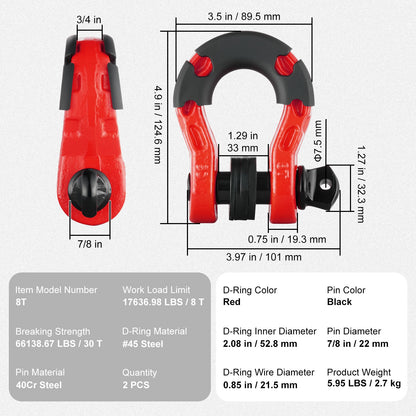 2-pack 3/4" D-ringschackel med 7/8" skruvstift 66139 lbs brottstyrka