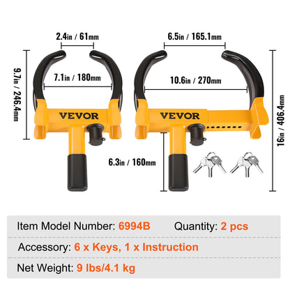 Hjullås, 2-pack Universal Hjulklämma Lås, Justerbar Stöldskydd Trailer Lock Hjulklämma, Kraftig stål Däcklås för ATV RV SUV Bil Golf Cart Båtar Motorcyklar, med 6 nycklar