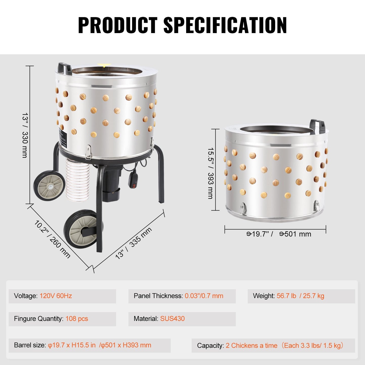 Chicken Plucker Machine Feather Plucker Stainless Steel Drum 280RPM Motor