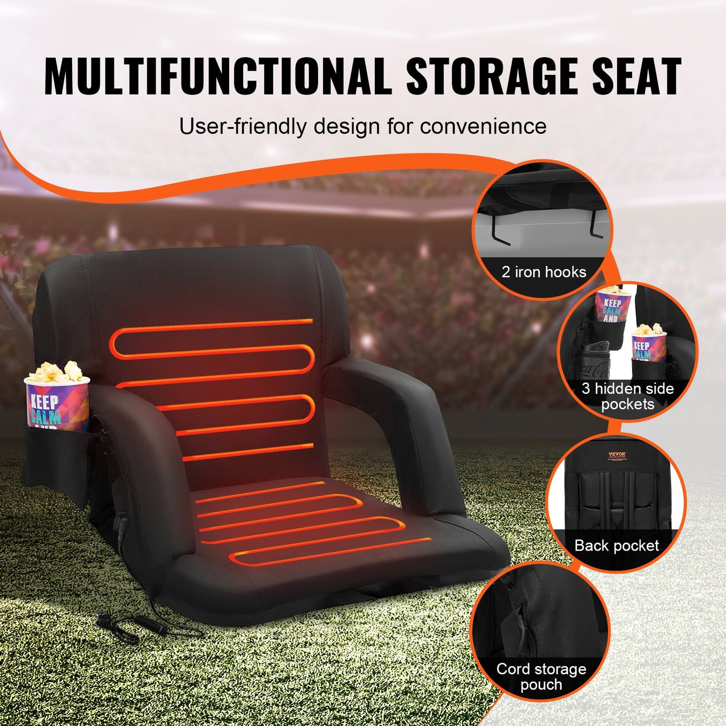 Double Heated Backrest Stadium Seat Portable Reclining Bleacher Chair
