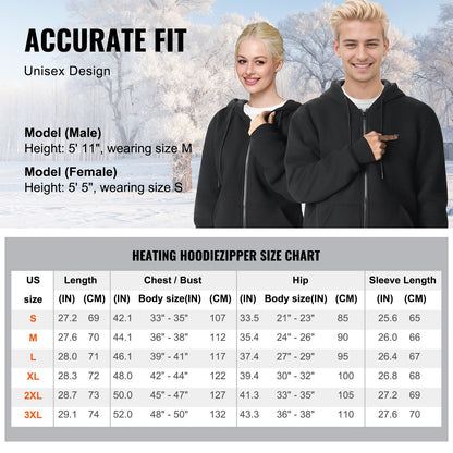 Heated Hoodie Sweatshirt Zip Up Unisex with Battery for Men and Women S Black