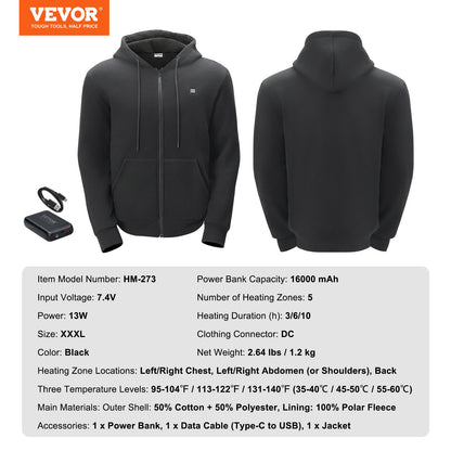 Heated Hoodie Sweatshirt Zip Up Unisex with Battery for Men and Women XXXL