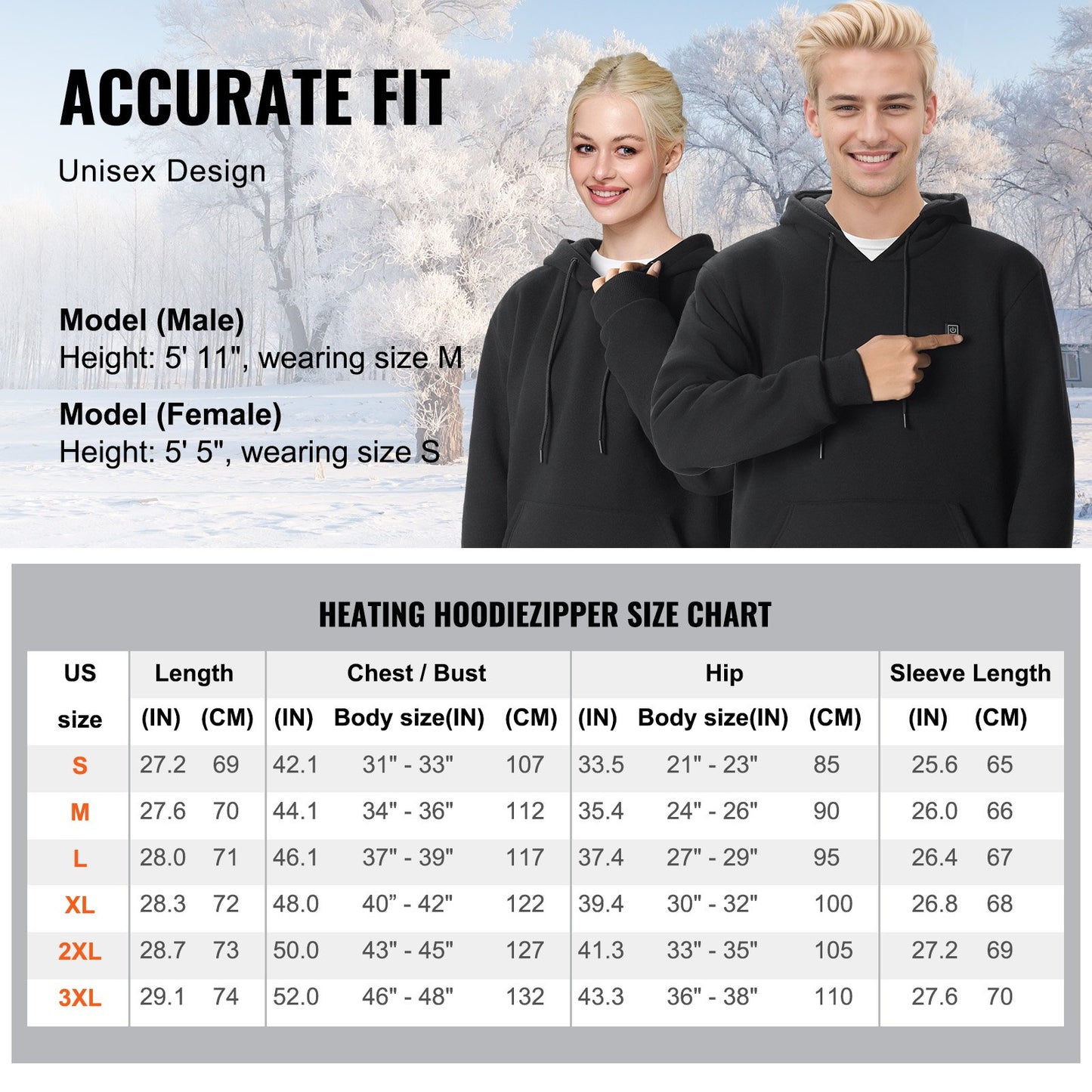 Heated Hoodie Sweatshirt Unisex with Battery for Men &amp; Women M Size Black