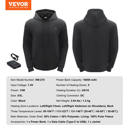 Heated Hoodie Sweatshirt Unisex with Battery for Men &amp; Women XXL Black