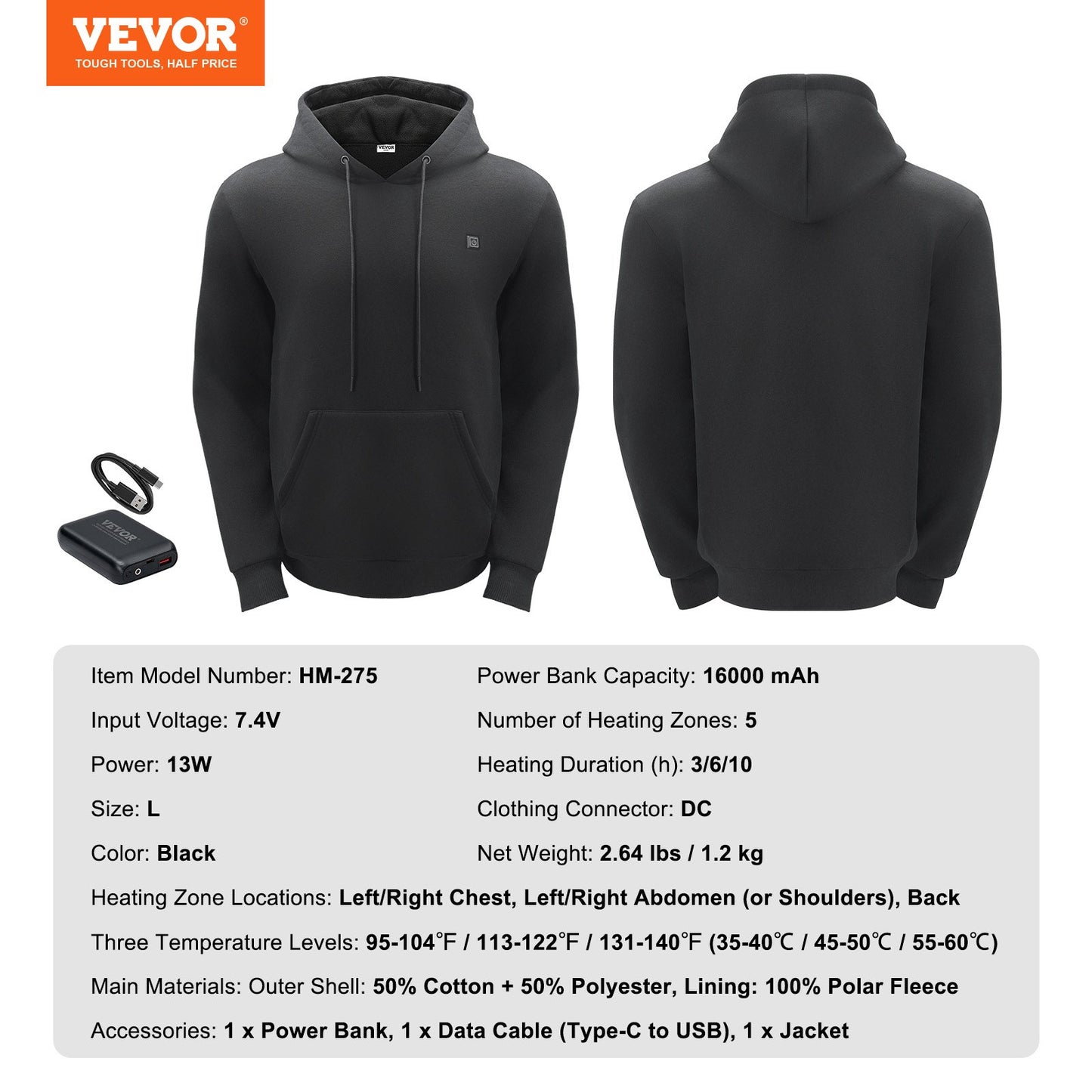 Heated Hoodie Sweatshirt Unisex with Battery for Men &amp; Women L Size Black