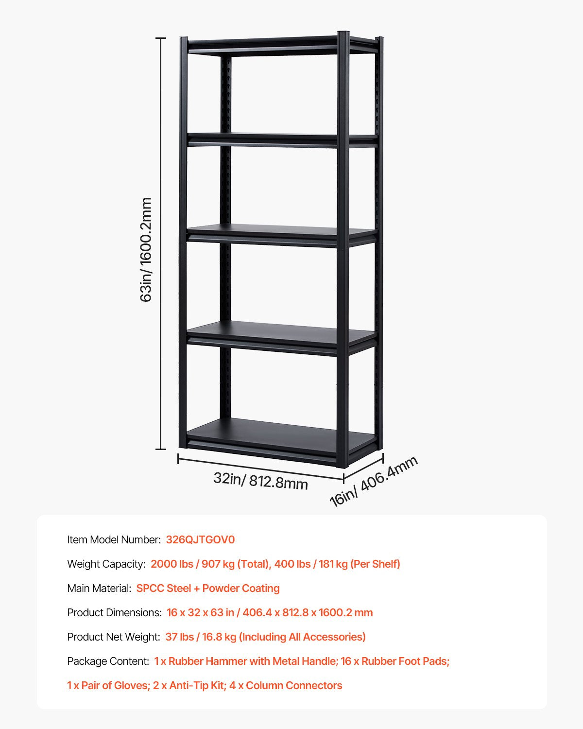 Storage Shelves 16" D x 32" W x 63" H 5-Tier Garage Storage Shelves