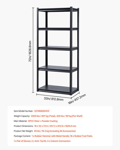 Förvaringshyllor 18" D x 32" B x 72" H 5-vånings Garage Förvaringshyllor