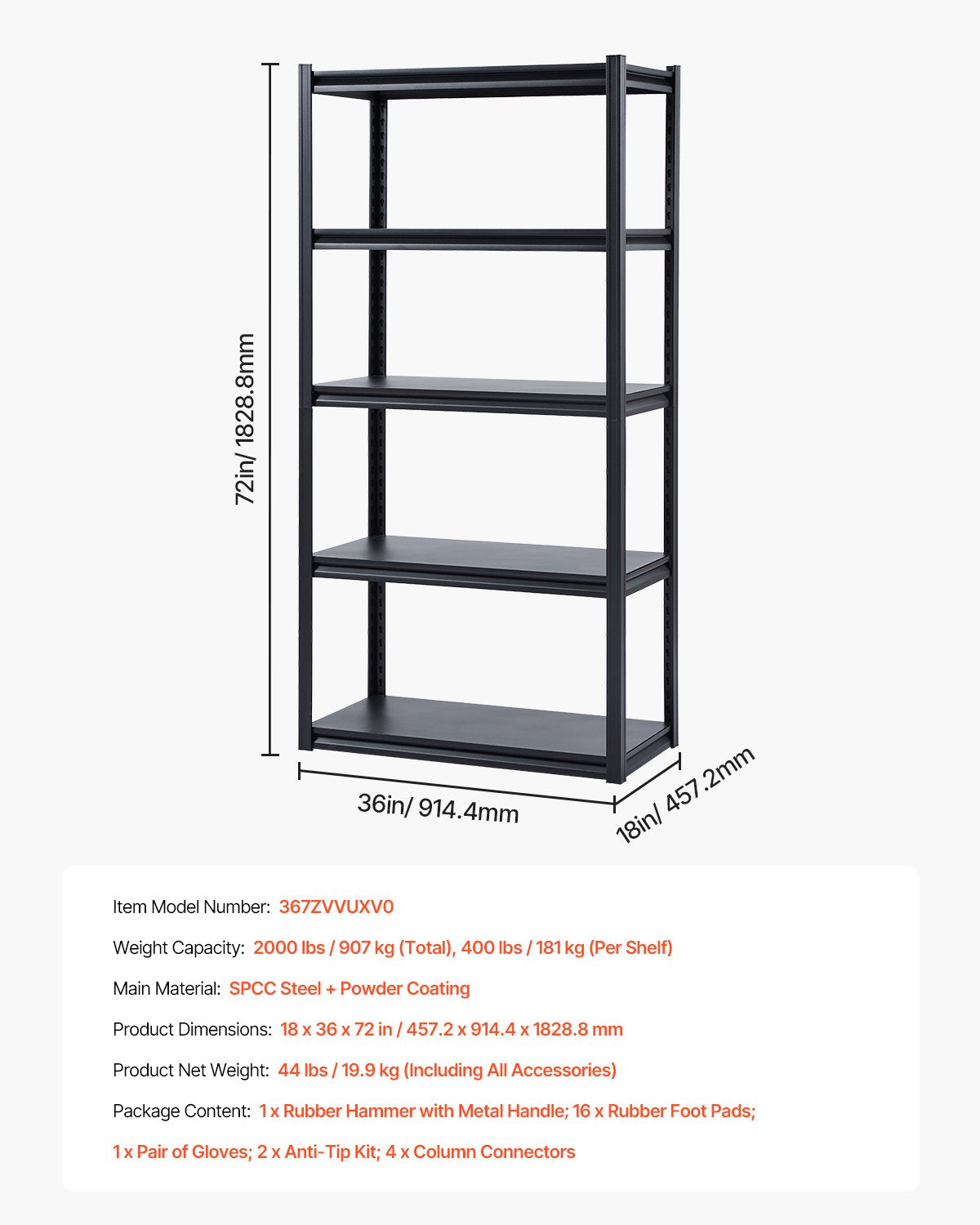 Storage Shelves 18" D x 36" W x 72" H 5-Tier Garage Storage Shelves