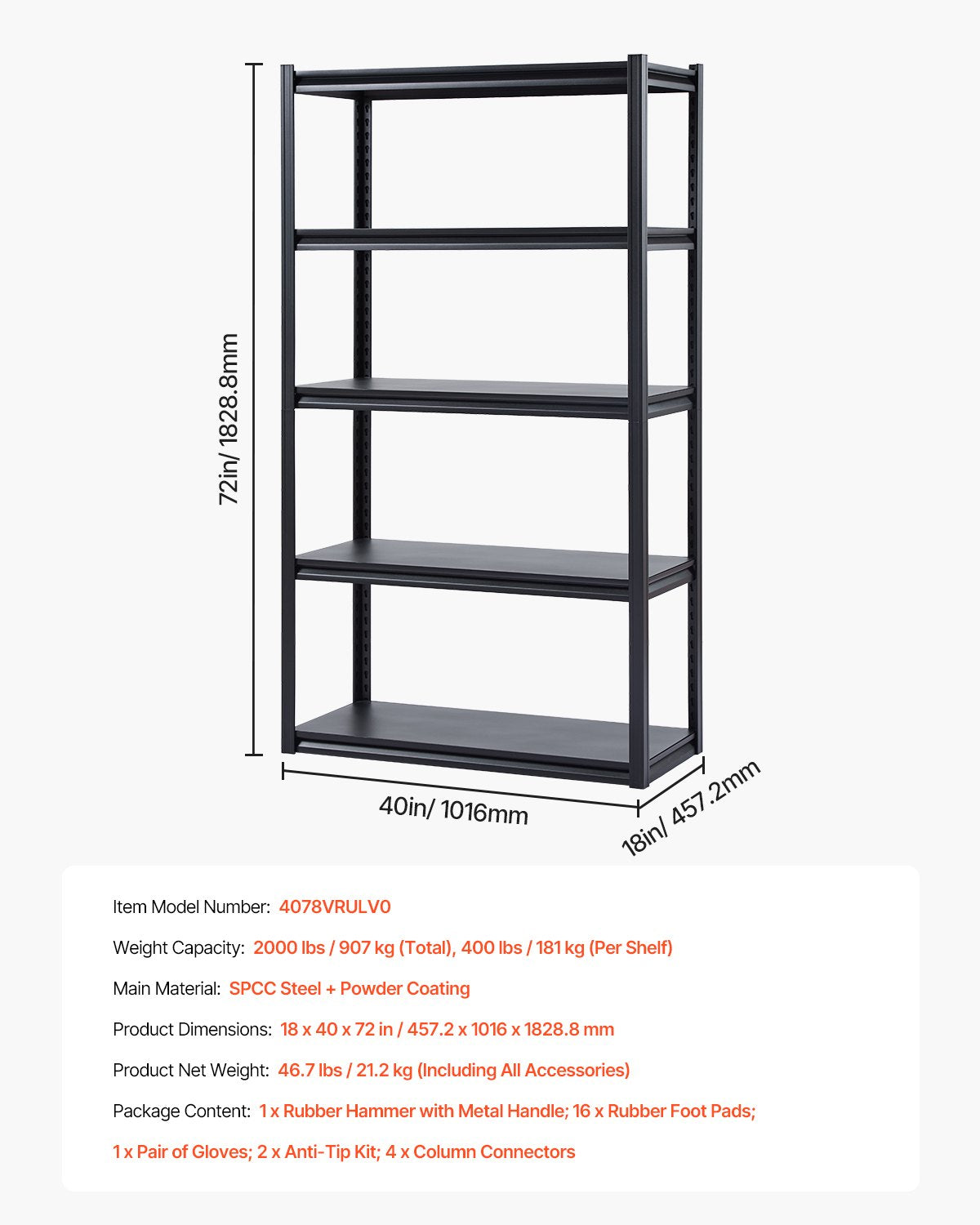 Storage Shelves 18" D x 40" W x 72" H 5-Tier Garage Storage Shelves