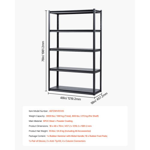 Förvaringshyllor 18" D x 48" B x 78" H 5-vånings Garage Förvaringshyllor