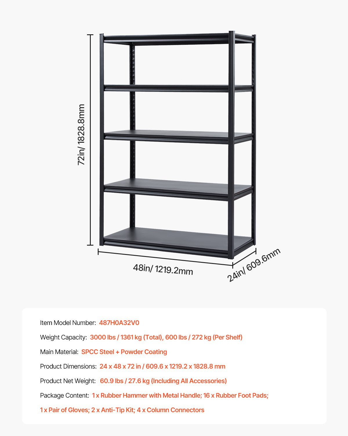 Storage Shelves 24" D x 48" W x 72" H 5-Tier Garage Storage Shelves