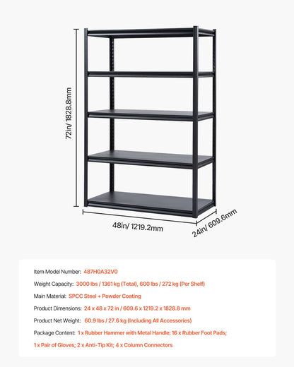 Storage Shelves 24" D x 48" W x 72" H 5-Tier Garage Storage Shelves