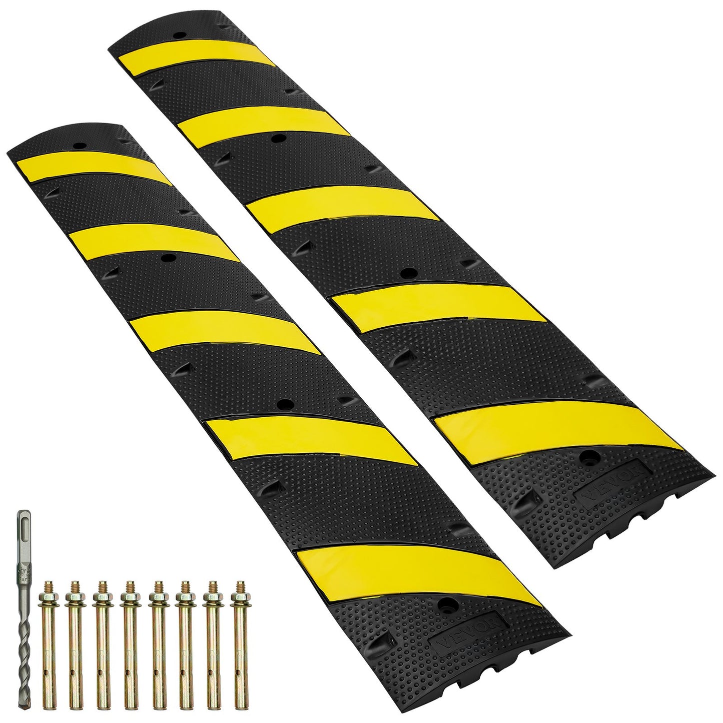 2PCs 6 ft/72'' Gummihastighetspuckel, 2-kanals, 22000 lbs Kapacitet Heavy Duty Trafikfartshinder, med högreflekterande gul remsa 8 expansionsskruvar och 1 borr, för asfaltbetonggrusvägar