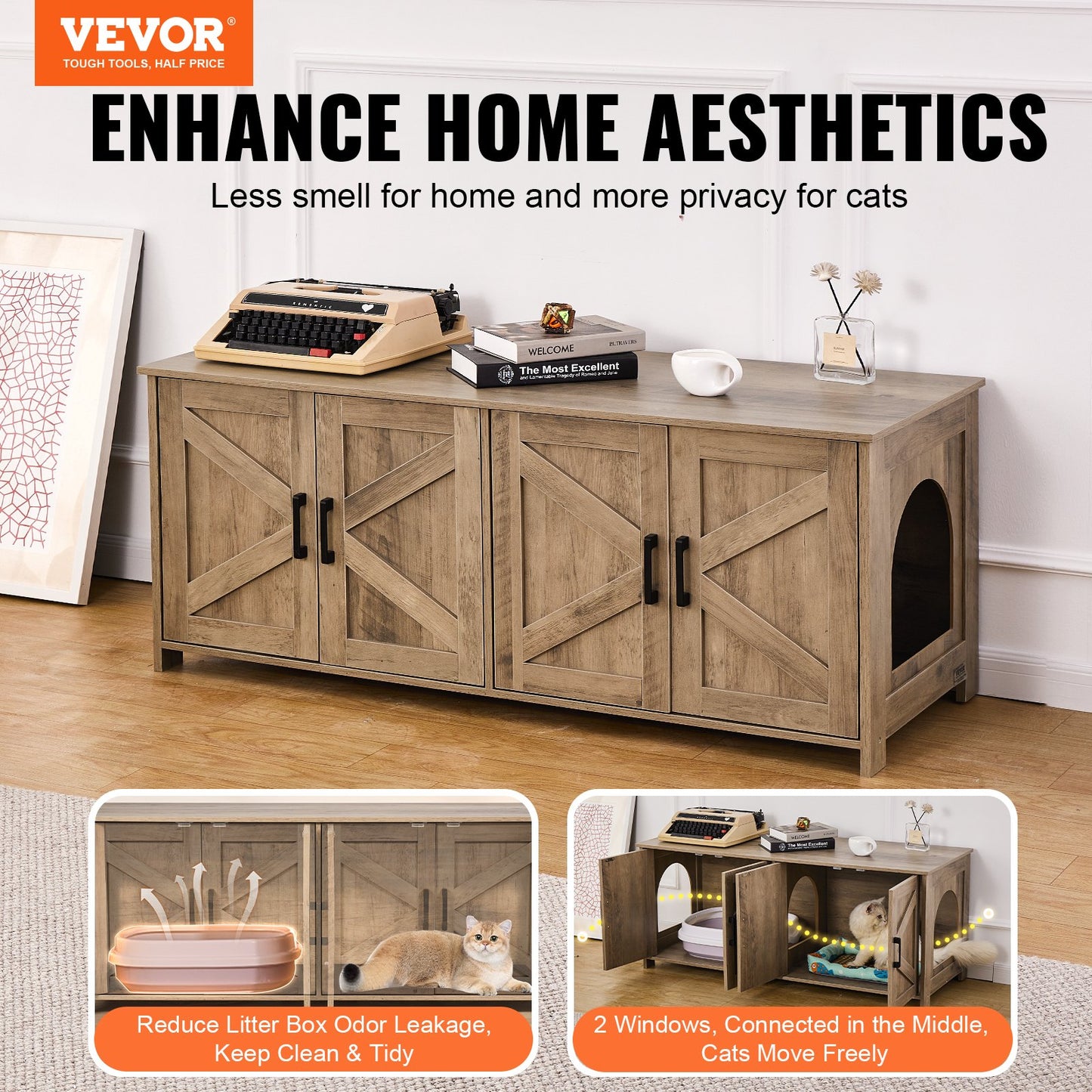 Cat litter box enclosure Wooden cat litter box Furniture hidden 2 rooms Greige