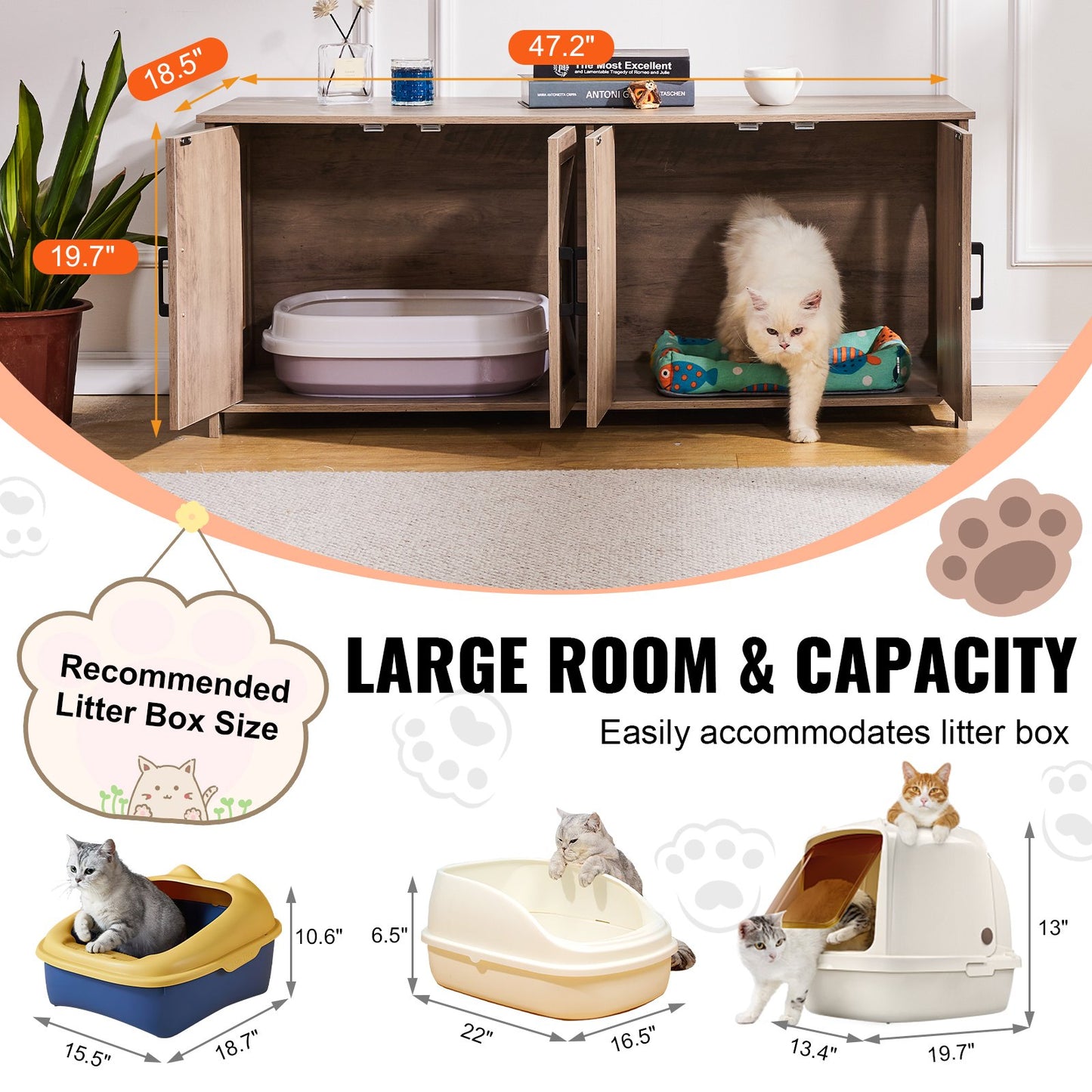 Cat litter box enclosure Wooden cat litter box Furniture hidden 2 rooms Greige