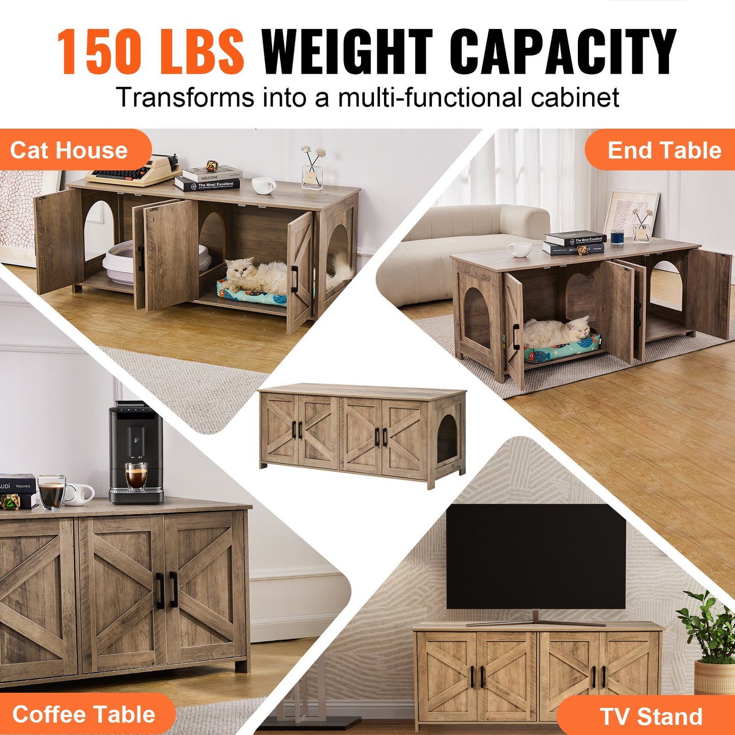 Cat litter box enclosure Wooden cat litter box Furniture hidden 2 rooms Greige