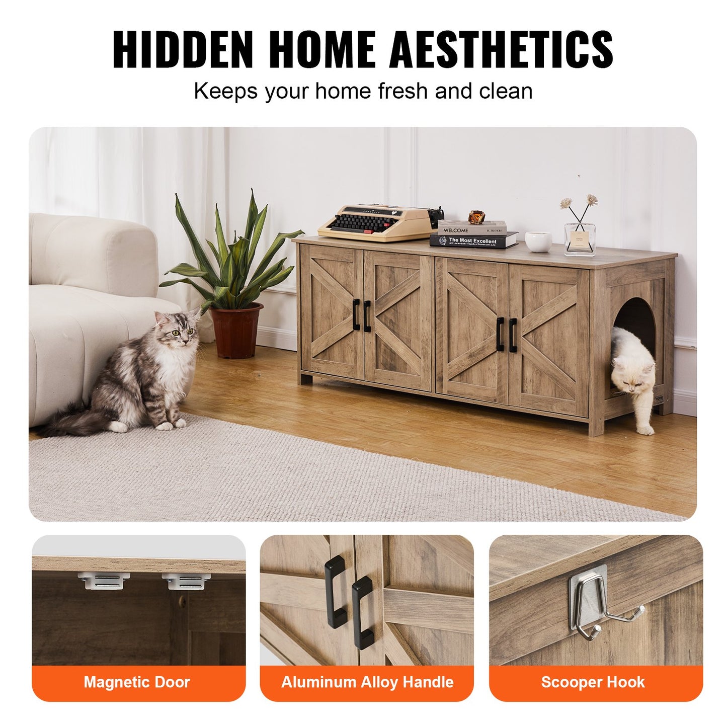 Cat litter box enclosure Wooden cat litter box Furniture hidden 2 rooms Greige