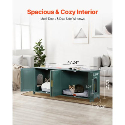 Kattlåda för flera katter, 120 cm dolt kattlådaskåp med 4 rottingdörrar och 2 ingångar, inomhuskattrum, kattmöbler i trä, passar de flesta kattlådor, grön |  EU