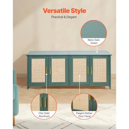 Kattlåda för flera katter, 120 cm dolt kattlådaskåp med 4 rottingdörrar och 2 ingångar, inomhuskattrum, kattmöbler i trä, passar de flesta kattlådor, grön |  EU