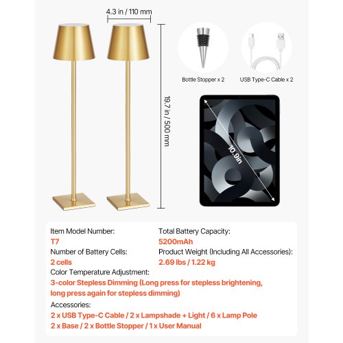 Cordless Table Lamp 2 PCS Rechargeable Battery Lamp Adjustable Height Gold