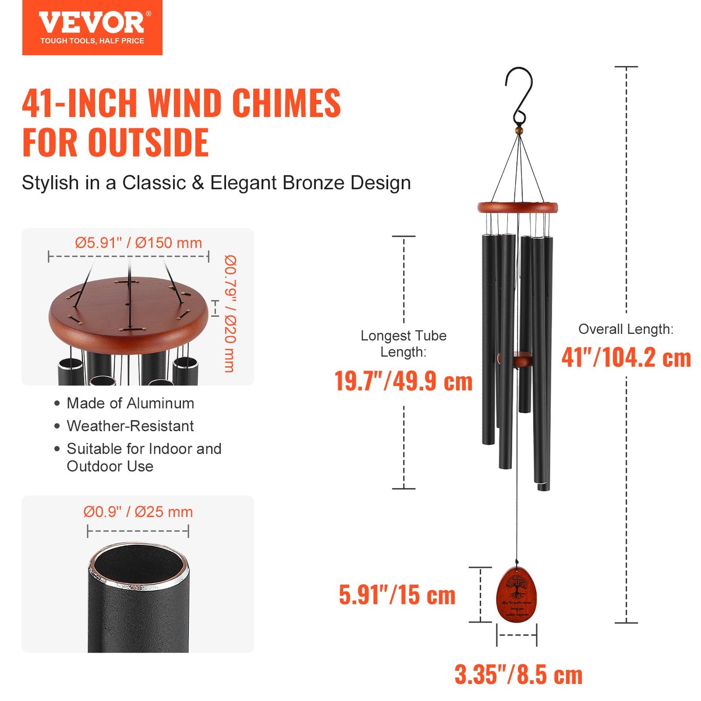 Outdoor Wind Chimes 1042mm Aluminum Memorial Deep Tone Wind Chimes