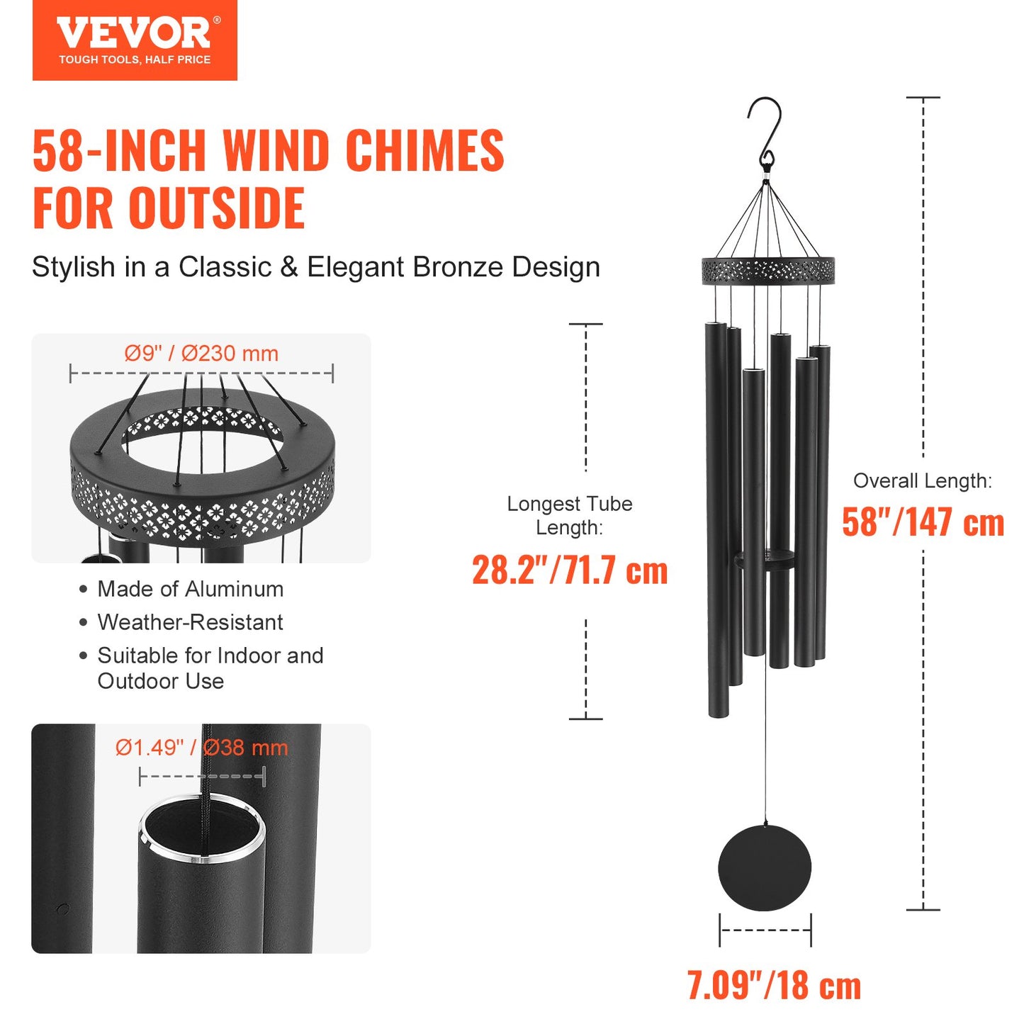 Outdoor Wind Chimes 1473mm Aluminum Memorial Deep Tone Wind Chimes