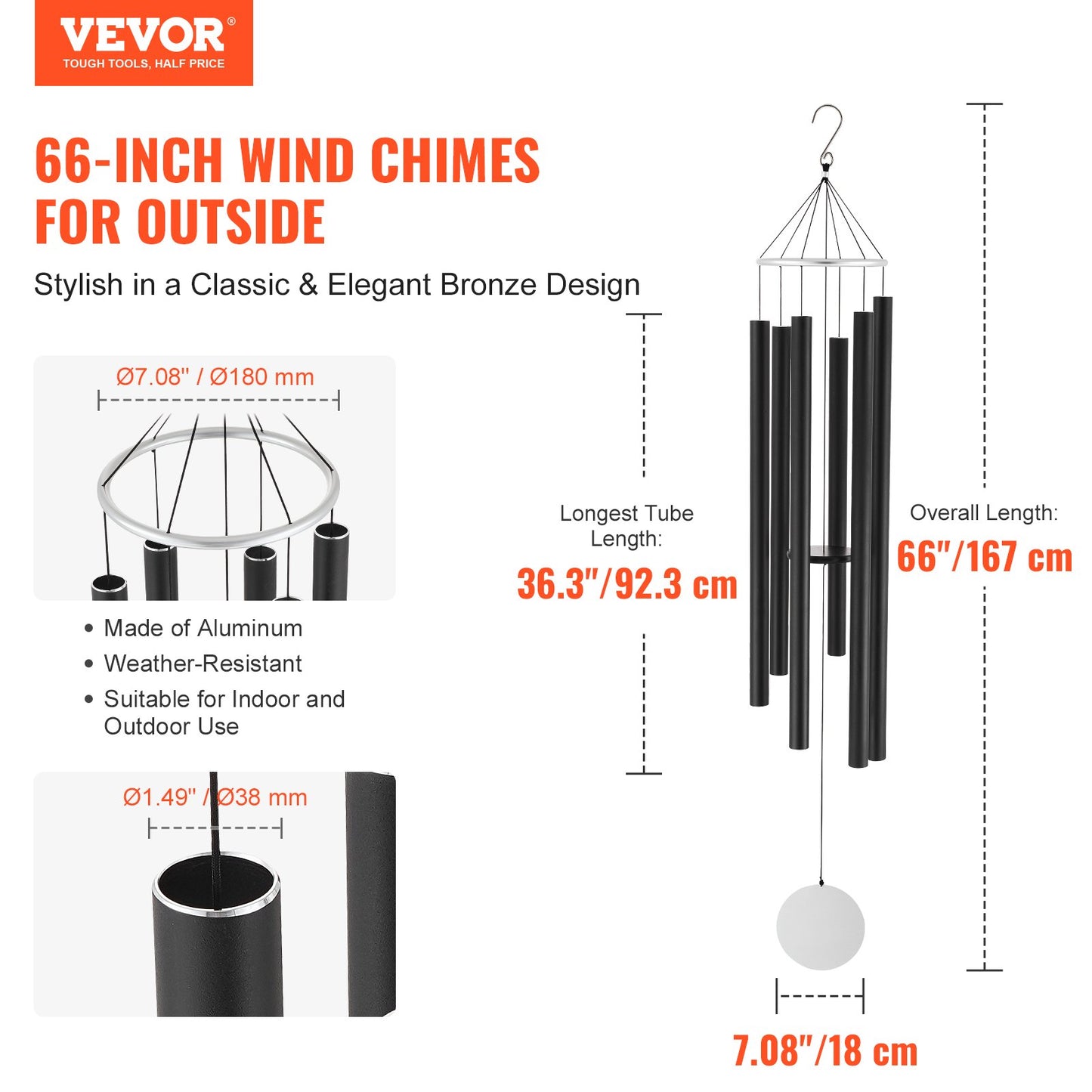 Wind Chimes för utomhus 1677 mm Aluminium Memorial Deep Tone Wind Chimes