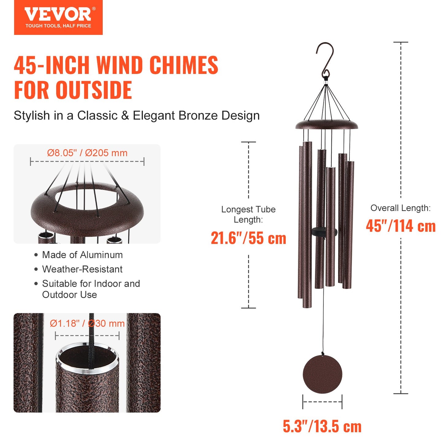 Outdoor Wind Chimes 1143mm Aluminum Memorial Deep Tone Wind Chimes