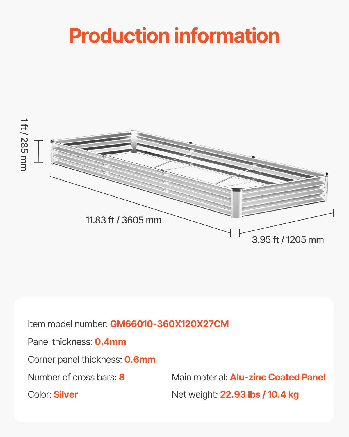 Metal Raised Garden Bed 12x4x1 ft Outdoor Galvanized Planter Box Silver