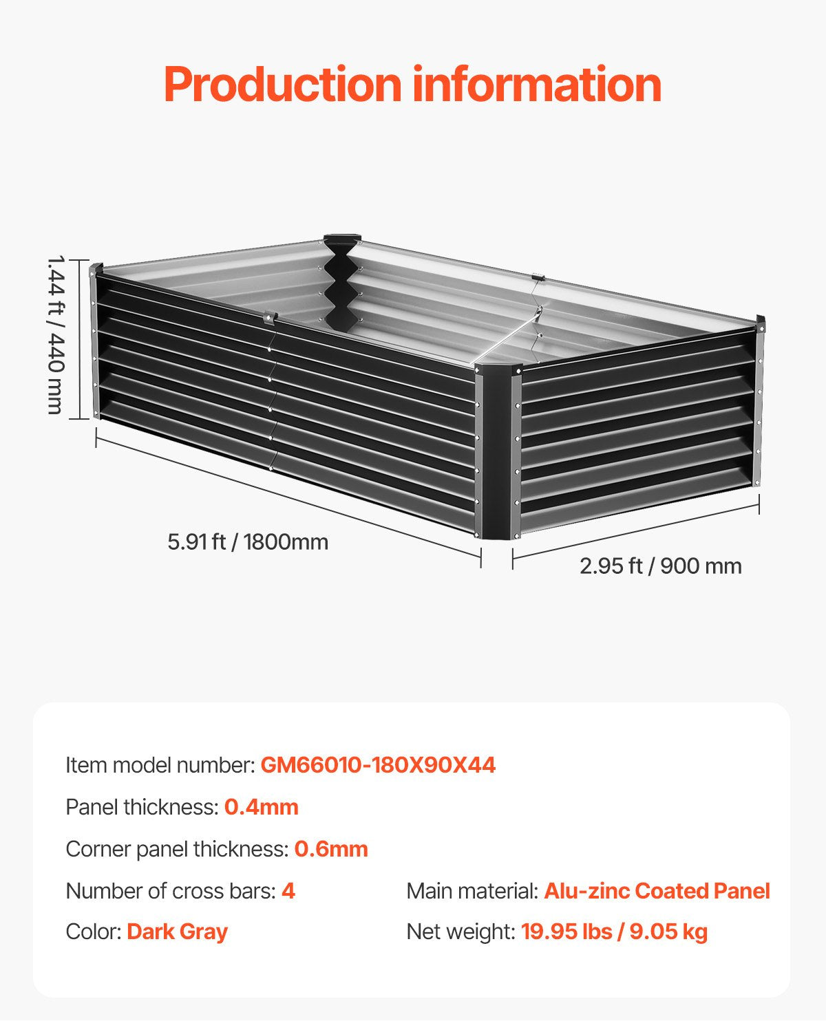 Metal Raised Garden Bed 6x3x1.5ft Outdoor Galvanized Planter Box Dark Grey