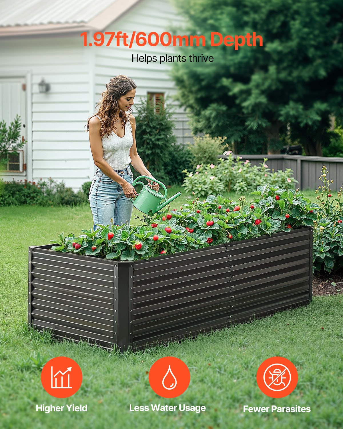 Metal Raised Garden Bed 6x3x2ft Outdoor Galvanized Planter Box Dark Grey