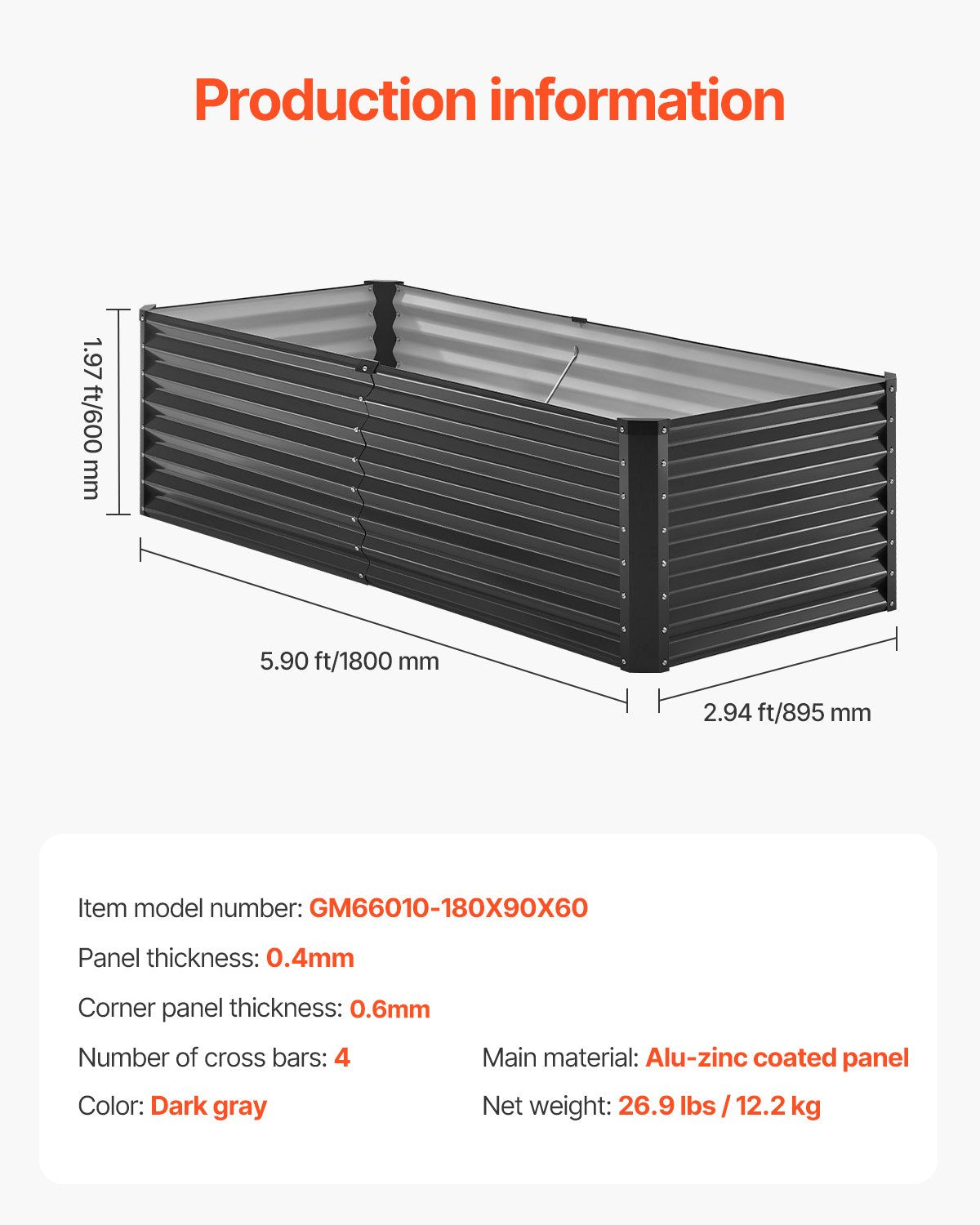 Metal Raised Garden Bed 6x3x2ft Outdoor Galvanized Planter Box Dark Grey