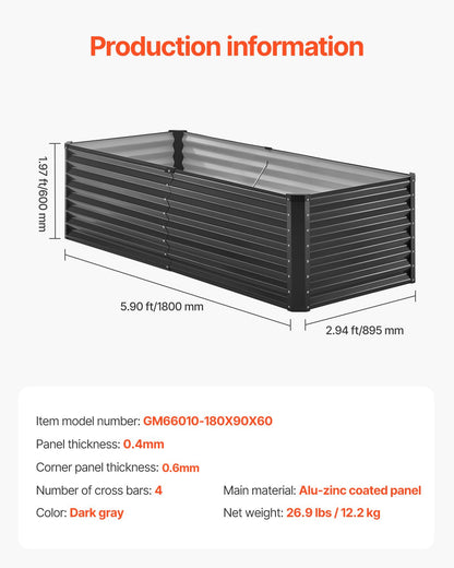 Metal Raised Garden Bed 6x3x2ft Outdoor Galvanized Planter Box Dark Grey