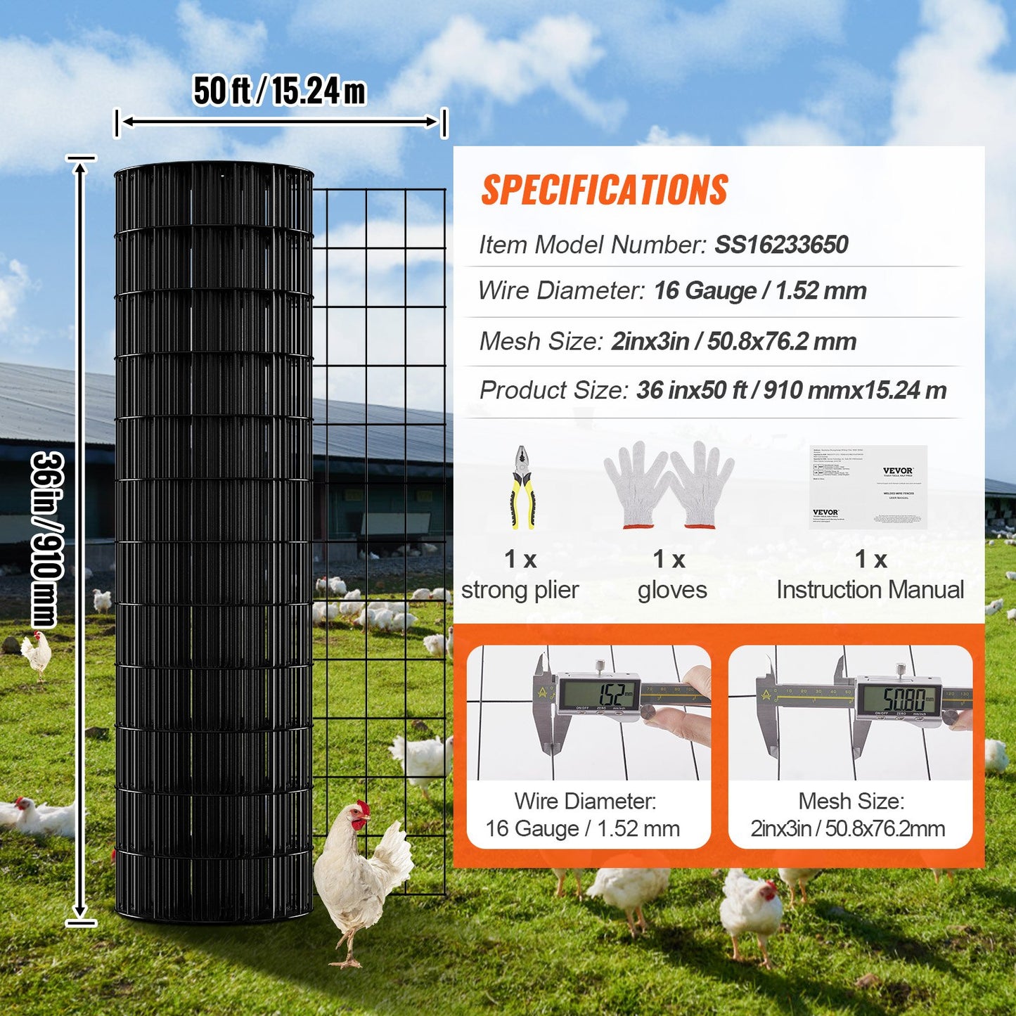 Hardware Cloth, 36 Inch x 50 Inch Galvanized Wire Mesh Roll, 16 Gauge Chicken Wire Fence Roll, Vinyl Coating Metal Wire Mesh for Chicken Coop Barrier, Rabbit Worm Fence, Poultry Enclosures