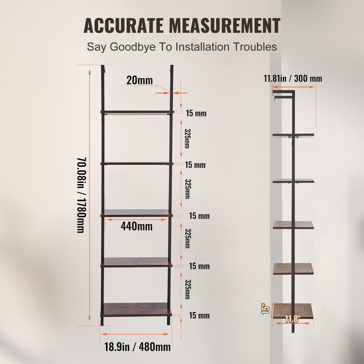 Industrial Square Pipe Hylla 5-vånings 17,3x11,8 tum väggfäste för sovrum