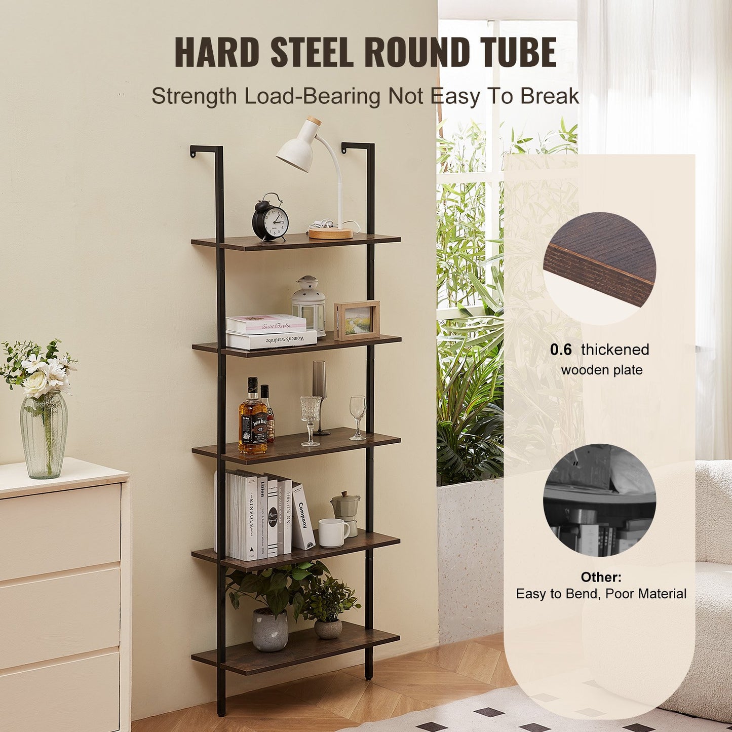 Industrial Square Pipe Hylla 5-vånings 24x11,8 tum väggfäste för sovrum