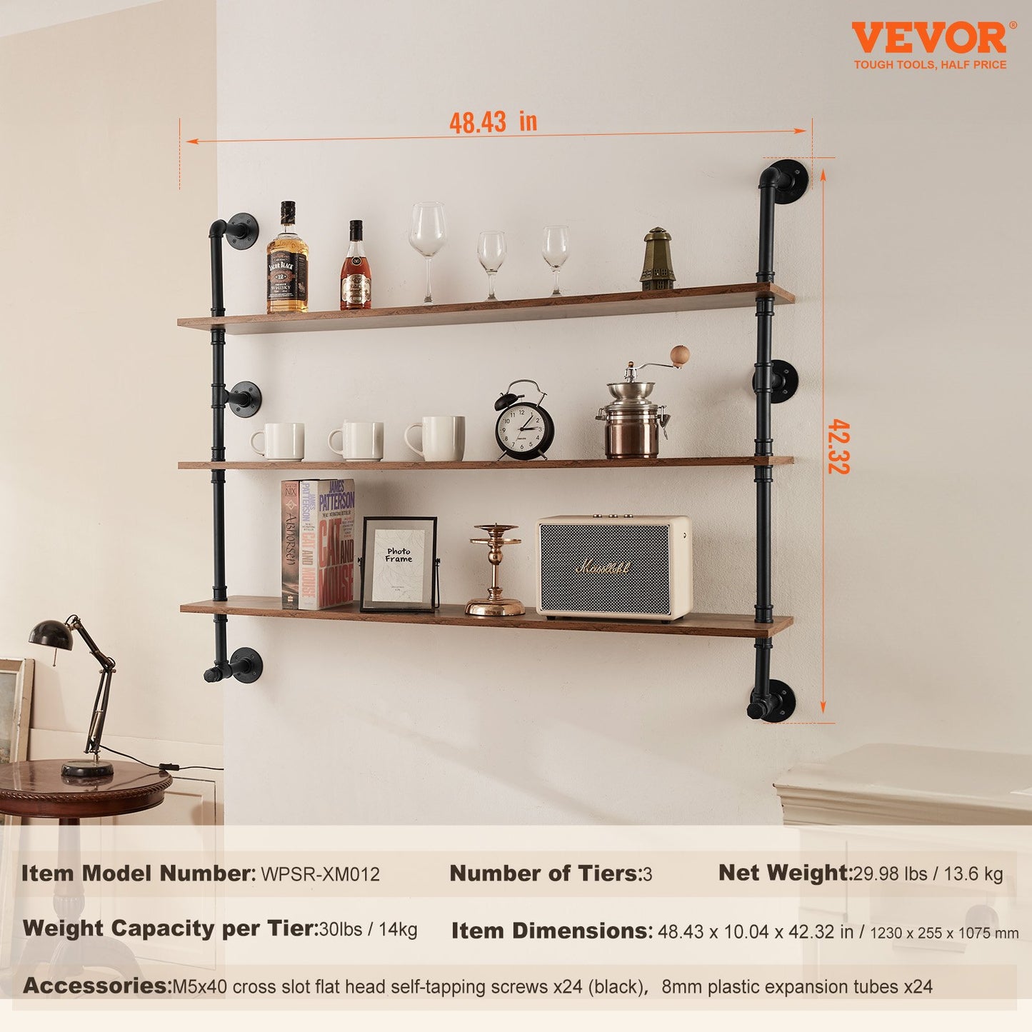 Industrial Pipe Hylla 3-vånings 48x9,84 tum väggfäste för kök sovrum