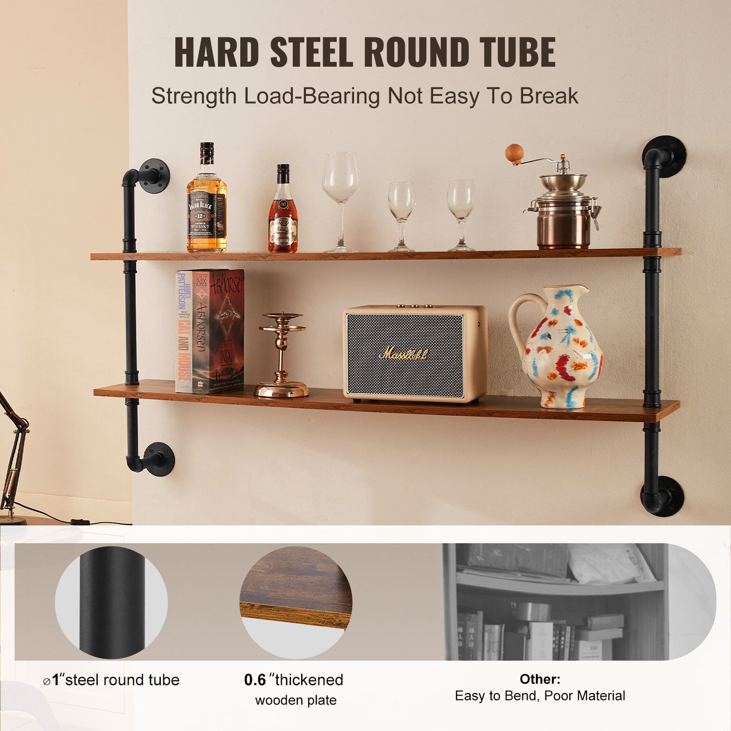 Industrial Pipe Hylla 2 Tier 48x 9,84in Väggfäste för kök sovrum