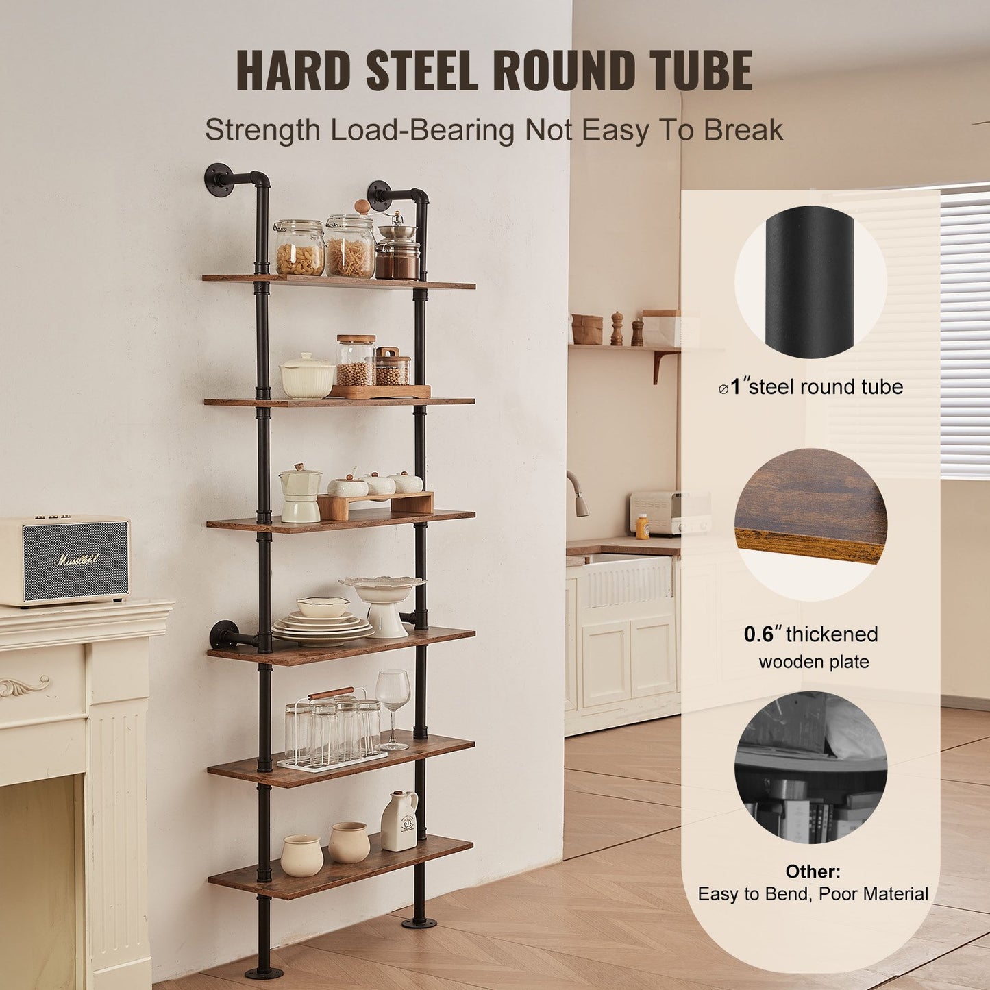 Industrial Pipe Hylla 6 Tier 24x9,84in Väggfäste för kök sovrum