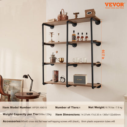 Industrial Pipe Hylla 4 Tier 3PCS 11,8in W Väggmonterade plankor ingår INTE