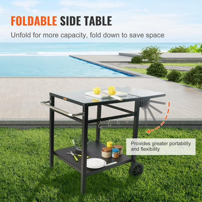Outdoor BBQ Food Cart with Double Shelf, BBQ Movable Dining Table, Multifunctional Folding Iron Table Top, Portable Modular Pizza Oven Carts, Work Table with 2 Wheels, Carrying Handle