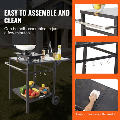 Outdoor BBQ Food Cart with Double Shelf, BBQ Movable Dining Table, Multifunctional Folding Iron Table Top, Portable Modular Pizza Oven Carts, Work Table with 2 Wheels, Carrying Handle