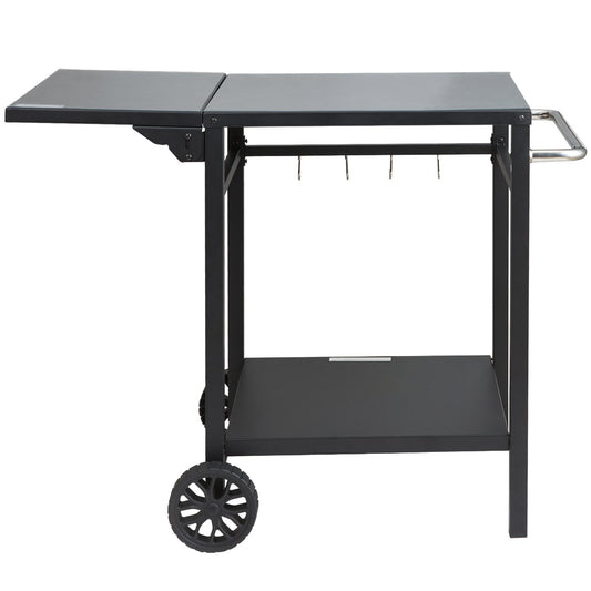 Utomhusgrill matvagn med dubbelhylla, BBQ rörligt matbord, multifunktionell hopfällbar järnbordsskiva, bärbara modulära vagnar för pizzaugn, arbetsbord med 2 hjul, bärhandtag