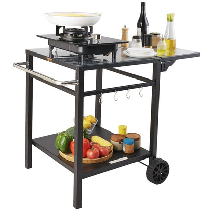 Outdoor BBQ Food Cart with Double Shelf, BBQ Movable Dining Table, Multifunctional Folding Iron Table Top, Portable Modular Pizza Oven Carts, Work Table with 2 Wheels, Carrying Handle