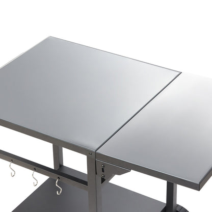 Outdoor BBQ Food Cart with Double Shelf, BBQ Movable Dining Table, Multifunctional Folding Iron Table Top, Portable Modular Pizza Oven Carts, Work Table with 2 Wheels, Carrying Handle