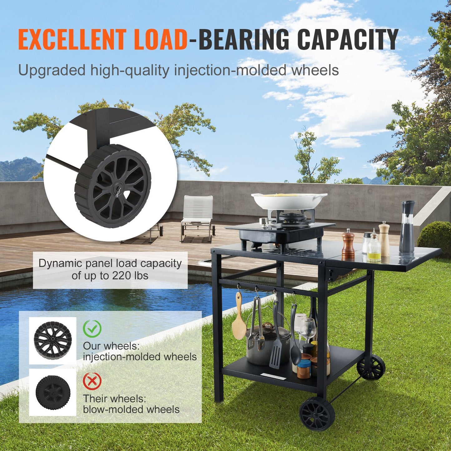 Outdoor Grill Dining Cart with Double-Shelf, BBQ Movable Food Prep Table, Multifunctional Foldable Iron Table Top, Portable Modular Carts for Pizza Oven, Worktable with 2 Wheels, Carry Handle