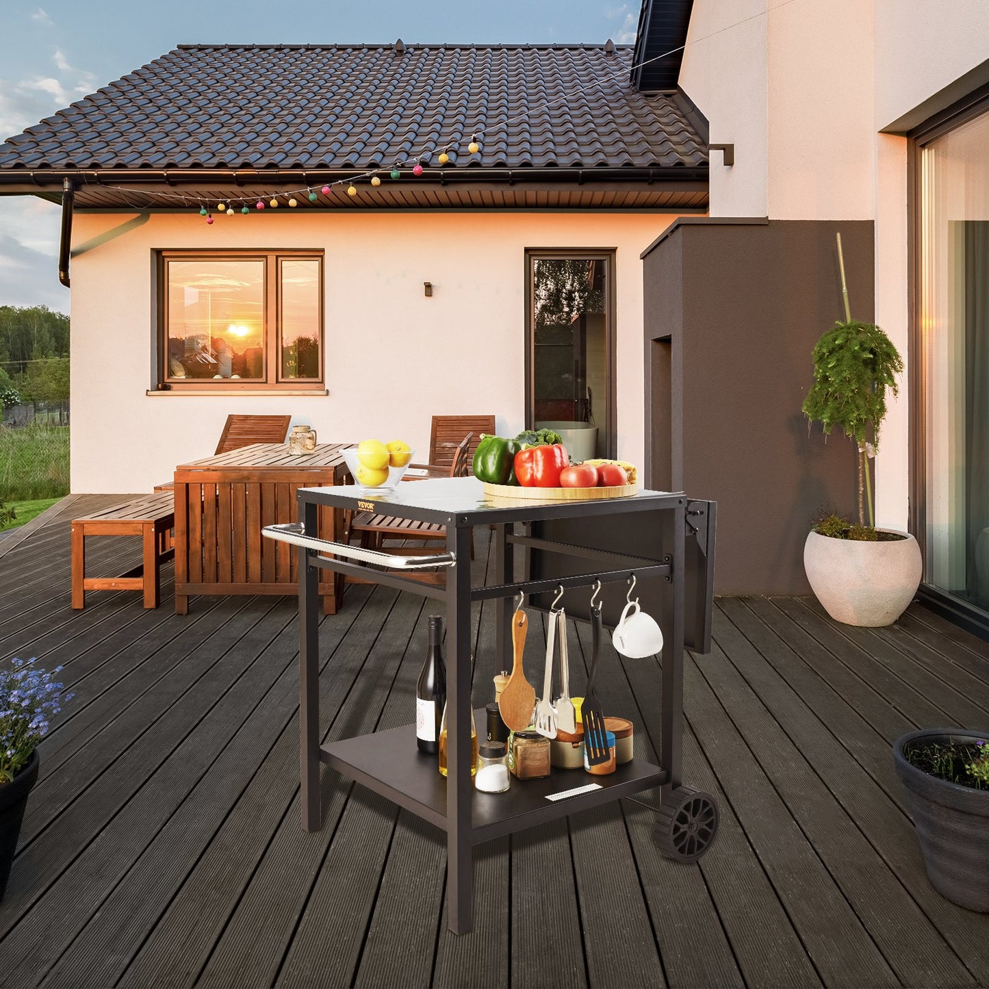 Outdoor Grill Dining Cart with Double-Shelf, BBQ Movable Food Prep Table, Multifunctional Foldable Iron Table Top, Portable Modular Carts for Pizza Oven, Worktable with 2 Wheels, Carry Handle