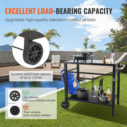 Utomhusgrillmatvagn med dubbelhylla, rörligt grillbord, multifunktionell järnbordsskiva, bärbara modulvagnar för pizzaugn, arbetsbord med 2 hjul, bärhandtag, svart