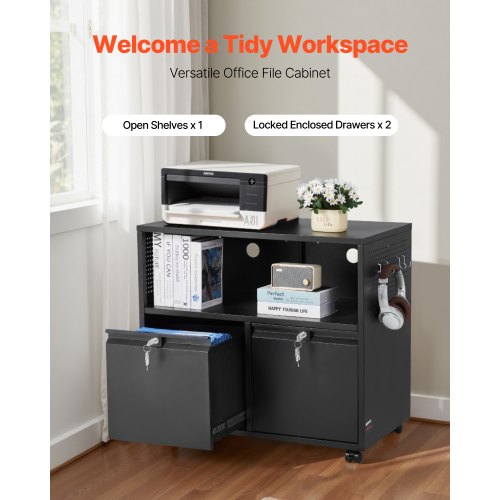 Metallschrank mit 2 Schubladen, Schloss und Kleiderstange, schwarz