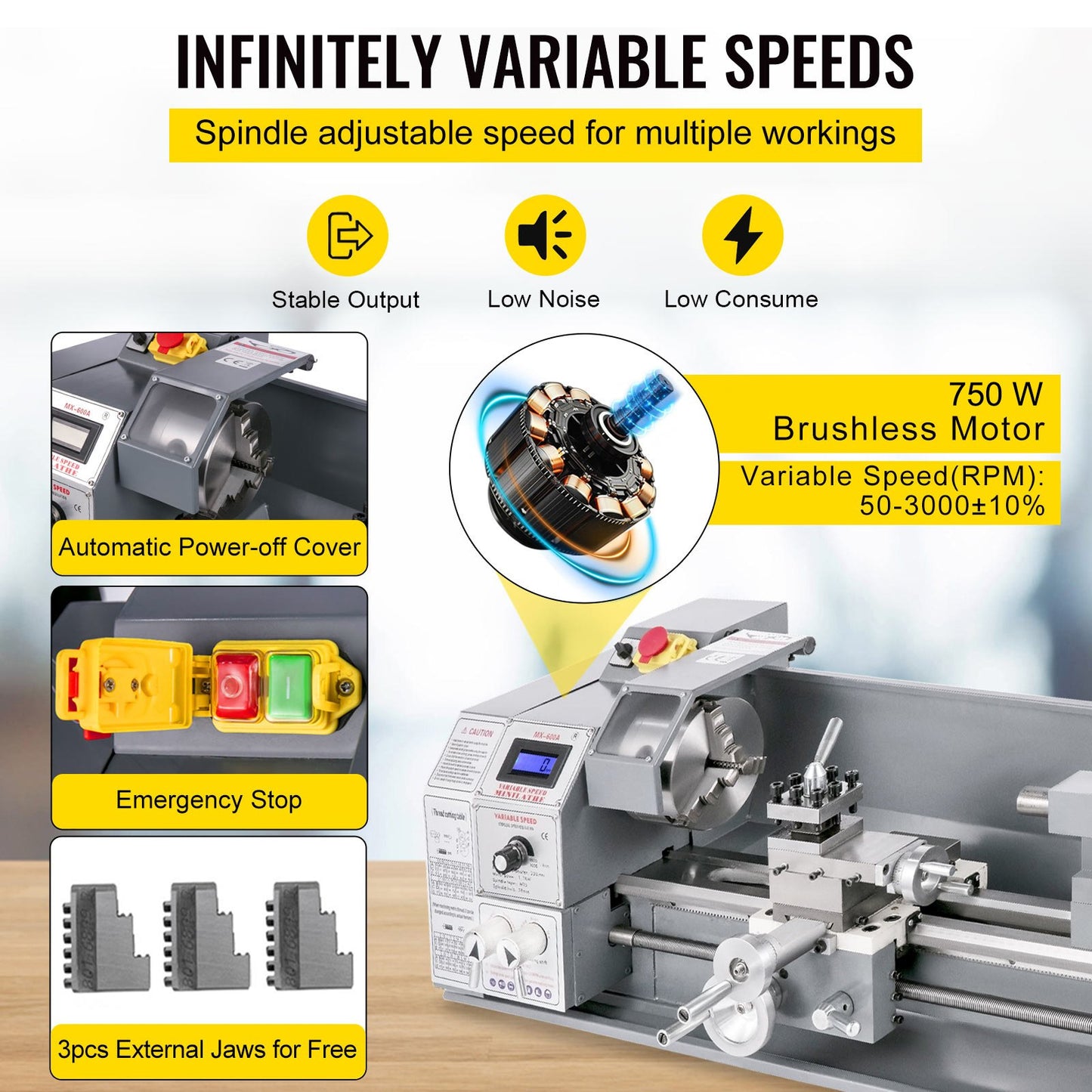 Mini metal lathe 750W metal lathe with variable speed 50 to 3000 rpm Precision lathe 220 x 600 mm for metal lathe for counter turning